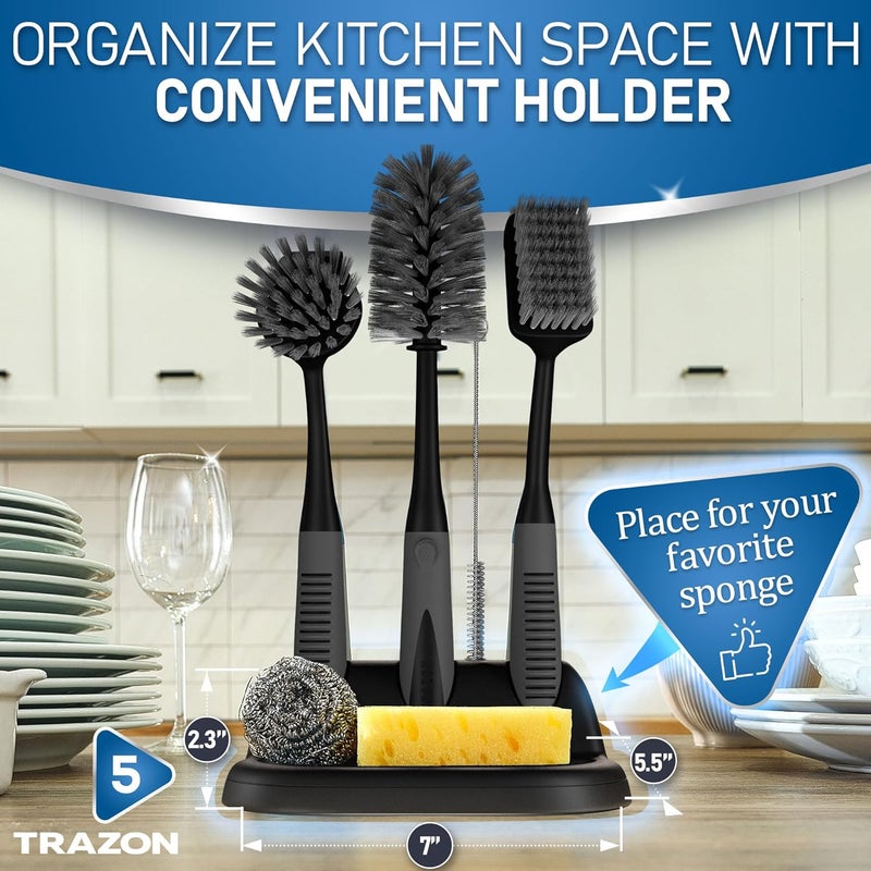 Trazon Dish Brush Set of 5 with Holder - Kitchen Scrub Brushes with Non-Slip Long Handle for Cleaning, Scrubber, Dishwashing, Dishes, Bottles, Straws, Cups, Pots & Sink, Black - Image 5